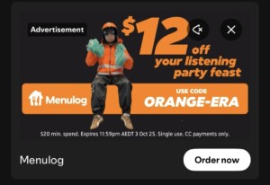 $12 Off $20 Spend at Menulog on October 3 1 $12 Off $20 Spend at Menulog on October 3 1