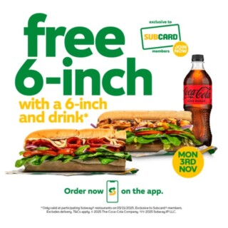 Subway: Buy One 6-Inch & Drink, Get a 6-Inch Free for World Sandwich Day on November 3 4