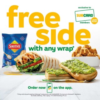 Free Side With Any Wrap at Subway for Subcard Members until December 16 9
