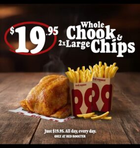 Red Rooster: $19.95 Whole Roast Chicken + 2 Large Chips Until April 21 2026 1