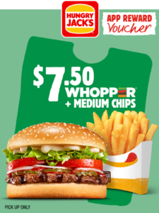 Hungry Jack’s: $7.50 Whopper & Medium Chips Deal via App until April 20 29 Hungry Jack’s: $7.50 Whopper & Medium Chips Deal via App until April 20 1