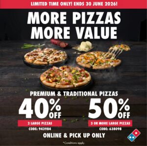 Domino’s Offers 50% Off 3+ & 40% off 2 Large Premium & Traditional Pizzas At Selected Stores