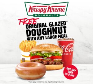 Hungry Jack's Giving Away a Free Krispy Kreme Original Glazed Doughnut with Any Large Meal on June 23 1