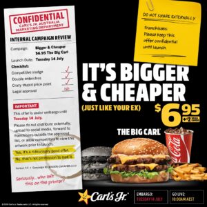 Carl’s Jr Launches $6.95 Big Carl Deal with $2 Small Combo Upgrade from July 14 8 Carl’s Jr Launches $6.95 Big Carl Deal with $2 Small Combo Upgrade from July 14 6