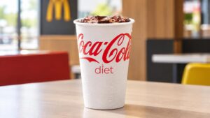 Paper cup with Coca-Cola diet logo filled with iced cola on a restaurant table