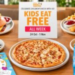A variety of children’s meals and drinks displayed alongside a Kids Eat Free promotion sign for Children’s Week.